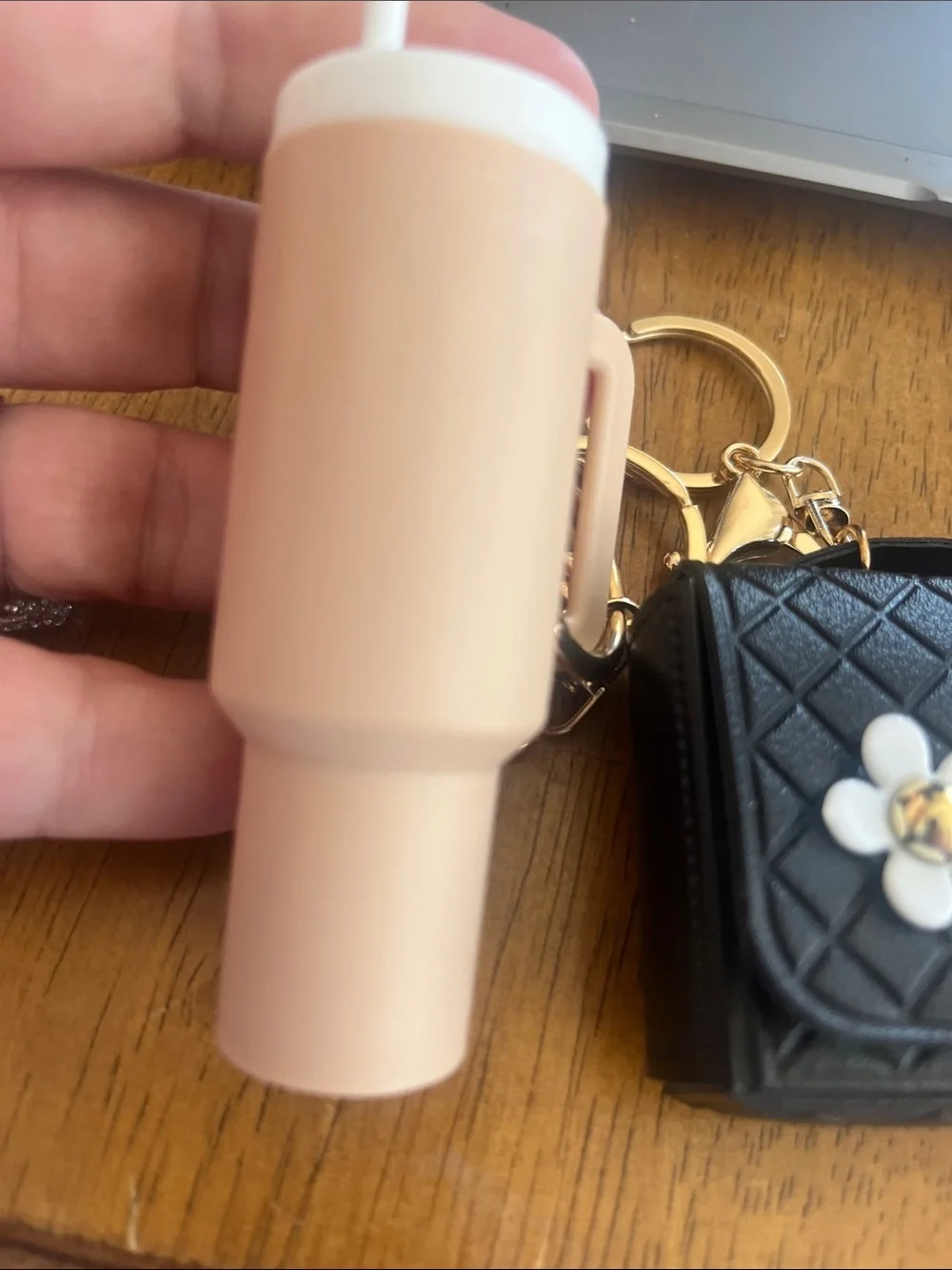 Black Quilted Mini Purse Keychain with Gold Accents and Pink Tumbler Charm
